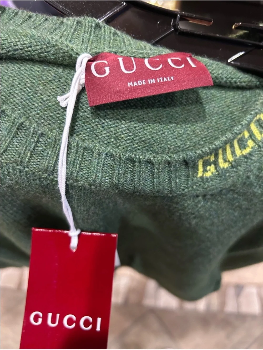 Men’s Gucci, green felted wool crewneck gold logo sweater size XXL made in Italy